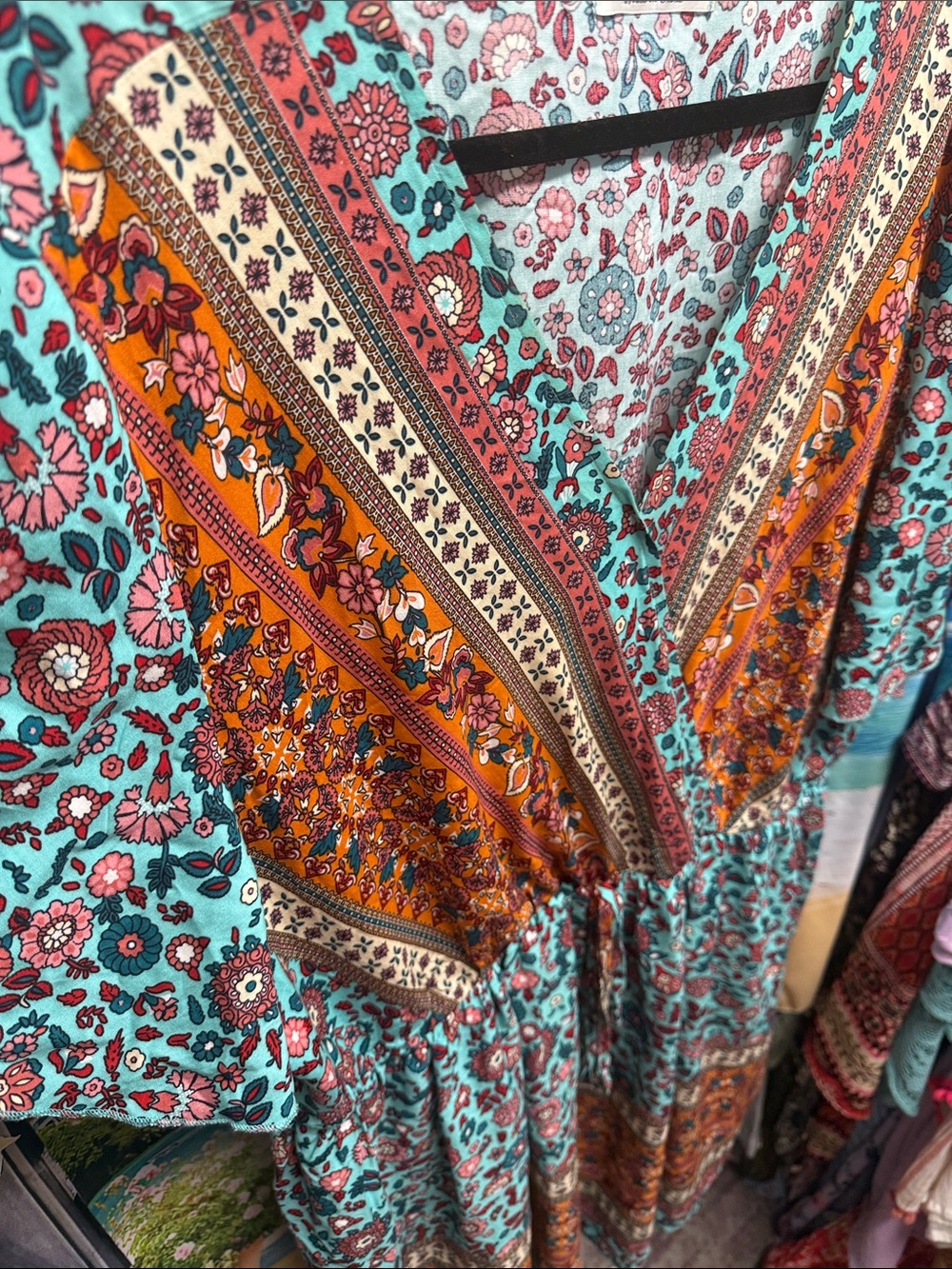 Hbeyyto Boho Floral V-Neck Dress in Teal & Rust - Picture 4 of 4